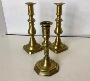 lot 32 image: Trio of Antique and Vintage Brass Candlesticks #3