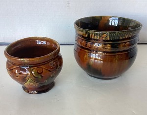 lot 77 image: Vintage Pair Green  Brown Glazed Flowerpots