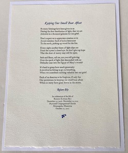 lot 102 image: Robert Bly Memorial Service Poetry Broadside Keeping Our Small Boat Afloat