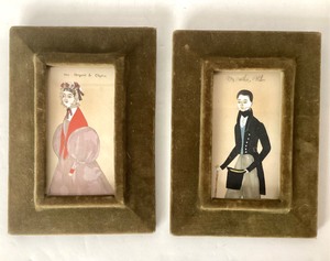 lot 122 image: Pair of Antique Hand Painted Engravings in Vintage Velvet Frames