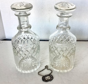 lot 166 image: Matched Pair Cut Crystal Decanters  Whisky Label