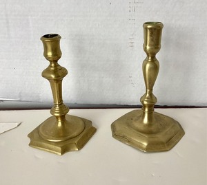 lot 200 image: Pair of Antique Queen Anne Brass Candlesticks