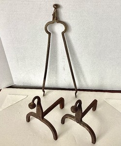 lot 211 image: Small Pair Antique Wrought Iron Fire Dogs  Ember Tongs
