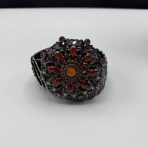 lot 167 image: Vintage Ornate Floral Statement Belt in Silver-Tone Metal with Red and Amber Rhinestones