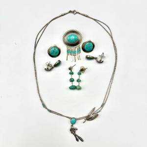 lot 22 image: Native American Sterling Silver Jewelry (3) Piece Set  Necklace, Brooch & Earrings
