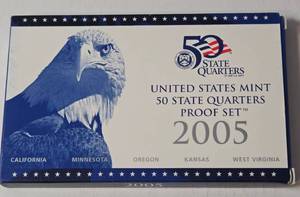 lot 21 image: 2005 US Mint 50 State Quarters Proof Set (California, Minnesota, Oregon, Kansas, W. Virginia)