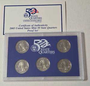 lot 21 image: 2005 US Mint 50 State Quarters Proof Set (California, Minnesota, Oregon, Kansas, W. Virginia)