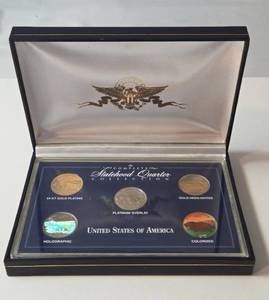 lot 24 image: 2006 The Complete  ND Statehood Quarter Dollar Collection - (24 Kt Gold Plated, Platinum Overlay, Gold Highlighted, Holographic, Colorized)