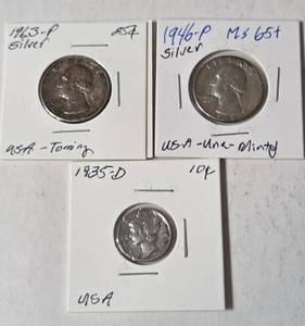 lot 40 image: 1963 P Silver Quarter  1935 D Silver Mercury Dime   1946 P Silver Quarter