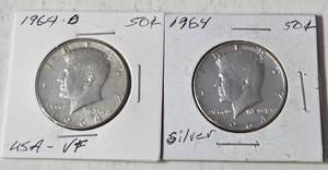 lot 56 image: 2 Kennedy Silver Half Dollars  (1964, 1964 D)