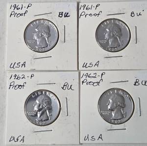 lot 57 image: 1961-1962 Silver Proof  Quarter Dollars (4 Coins - Brillant Unc.)
