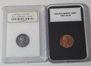lot 60 image: 1943 Lincoln Steel Penny and 1955 Lincoln Wheat Penny