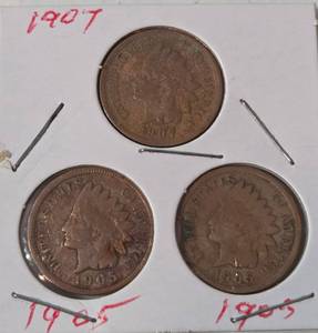 lot 68 image: Three Indian Head Pennies  (1905, 1905, 1907)