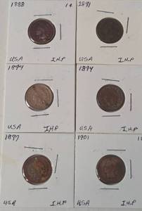 lot 69 image: Six Indian Head Pennies (1888, 1891, 1894, 1894, 1897, 1901)