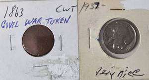 lot 74 image: 1863 Civil War Token - Very Collectible  1937 Buffalo Nickel - Readable
