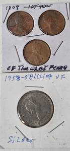 lot 73 image: 3 - 1909 Wheat Pennies  (First Year of Wheat Penny)  1 - 1958 Shilling Silver VF