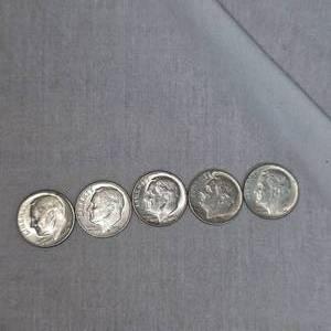 lot 8 image: 5-Silver Roosevelt Dimes 10c