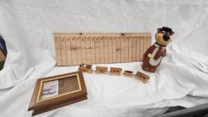 lot 2 image: Yogi Bear Coin Bank, Deck of Cintage Car Cards wbox and Wood Train