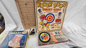lot 4 image: Knock Down Target Game(Backboard only) w.box, and Stickler Game, Bingo