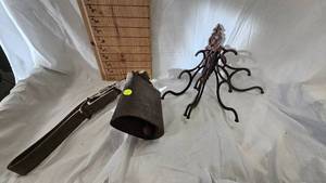 lot 30 image: Cow Bell and Cast Iron Hinged Coat Hanger