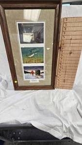 lot 76 image: Les Kouba-3 Picture Framed Art with Ice Spearing Sign