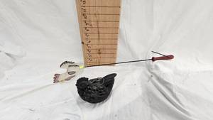 lot 84 image: Cast Iron Chicken Candle Holder and Metal Fly Swatter Style Chicken Dcor