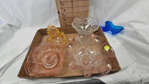 lot 67 image: Fenton Hobnail Shoe, Depression Dishes, Blown Glass Flower and Misc