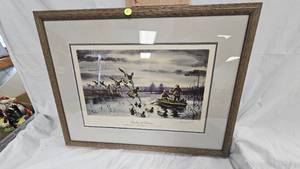 lot 8 image: Les Kouba Framed Print Ducks at Dawn , Compliments of Gluek Brewery