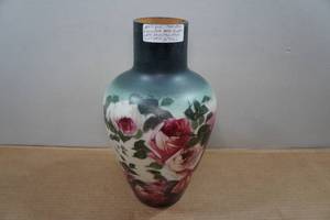 lot 254 image: Antique Fostoria Rose Floral Hand Painted Milk Glass Vase