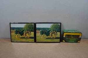lot 290 image: 2 John Deere Framed Pictures and Dominoes Set