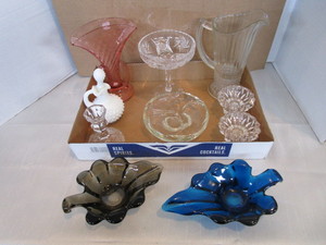 lot 147 image: Viking Leaf Trays, Pink Vase, Candle Holders
