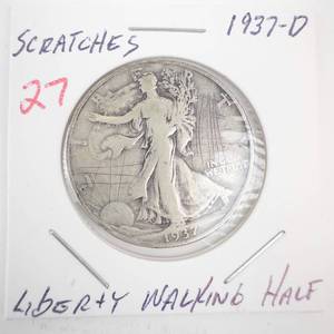 lot 27 image: 1937-D Walking Half Dollar (scratches)