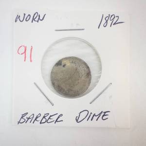 lot 91 image: 1892 Barber Dime (worn)