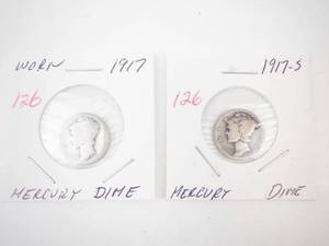 lot 126 image: 1917 (worn), 1917-S Mercury Dimes
