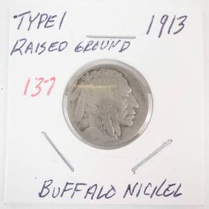 lot 137 image: 1913 Buffalo Nickel Type 1 (raised ground)