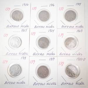 lot 139 image: group of 9 Buffalo Nickels 1915,1916, 1918, 1919, 1923, 1924, 1925, 1926, 1929-D