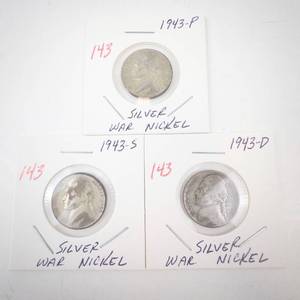 lot 143 image: group of 3 silver war nickels 1943 P,D,S