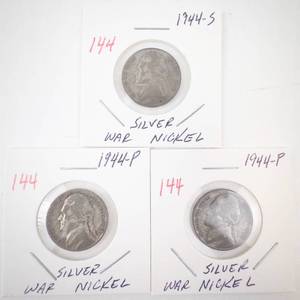lot 144 image: group of 3 silver war nickels (2) 1944 P,1944-S