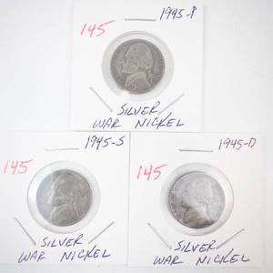 lot 145 image: group of 3 silver war nickels 1945 P,D,S