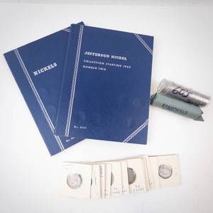 lot 147 image: starter set for Jefferson nickels 2) nickel folders, 2) rolls of nickels 40s, 50s, 60s, 70s, misc.