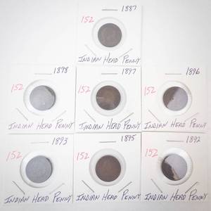 lot 152 image: group of 7 Indian Head Pennies 1887, 1892, 1893, 1895, 1896, 1897, 1898