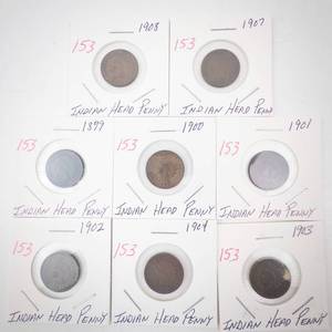 lot 153 image: group of 8 Indian Head Pennies 1899, 1900, 1901, 1902, 1903, 1904, 1907, 1908