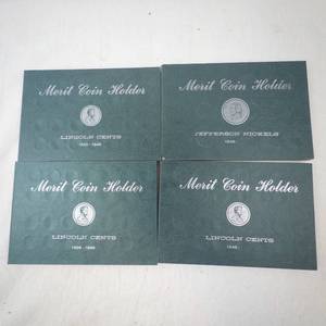 lot 163 image: 4 mint vintage Merit Coin Holders, Lincoln cents and Jefferson Nickels. Circa 1950s (empty)