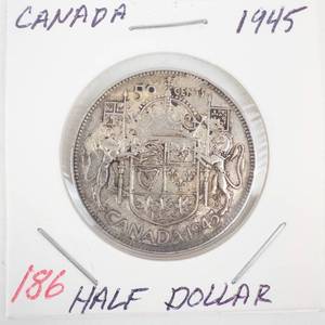 lot 186 image: 1945 Canadian silver Half Dollar