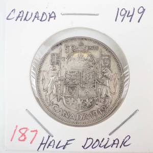 lot 187 image: 1949 Canadian silver Half Dollar