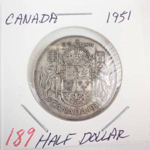 lot 189 image: 1951 Canadian silver Half Dollar