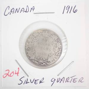 lot 204 image: 1916 Canadian Silver Quarter