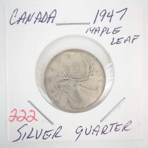 lot 222 image: 1947 Canadian Silver Quarter (Maple Leaf)