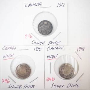 lot 246 image: 3) Canadian Silver Dimes 1912, 1916 (worn), 1918 (worn)
