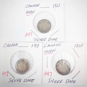 lot 247 image: 3) Canadian Silver Dimes 1919, 1920 (worn), 1921 (worn)